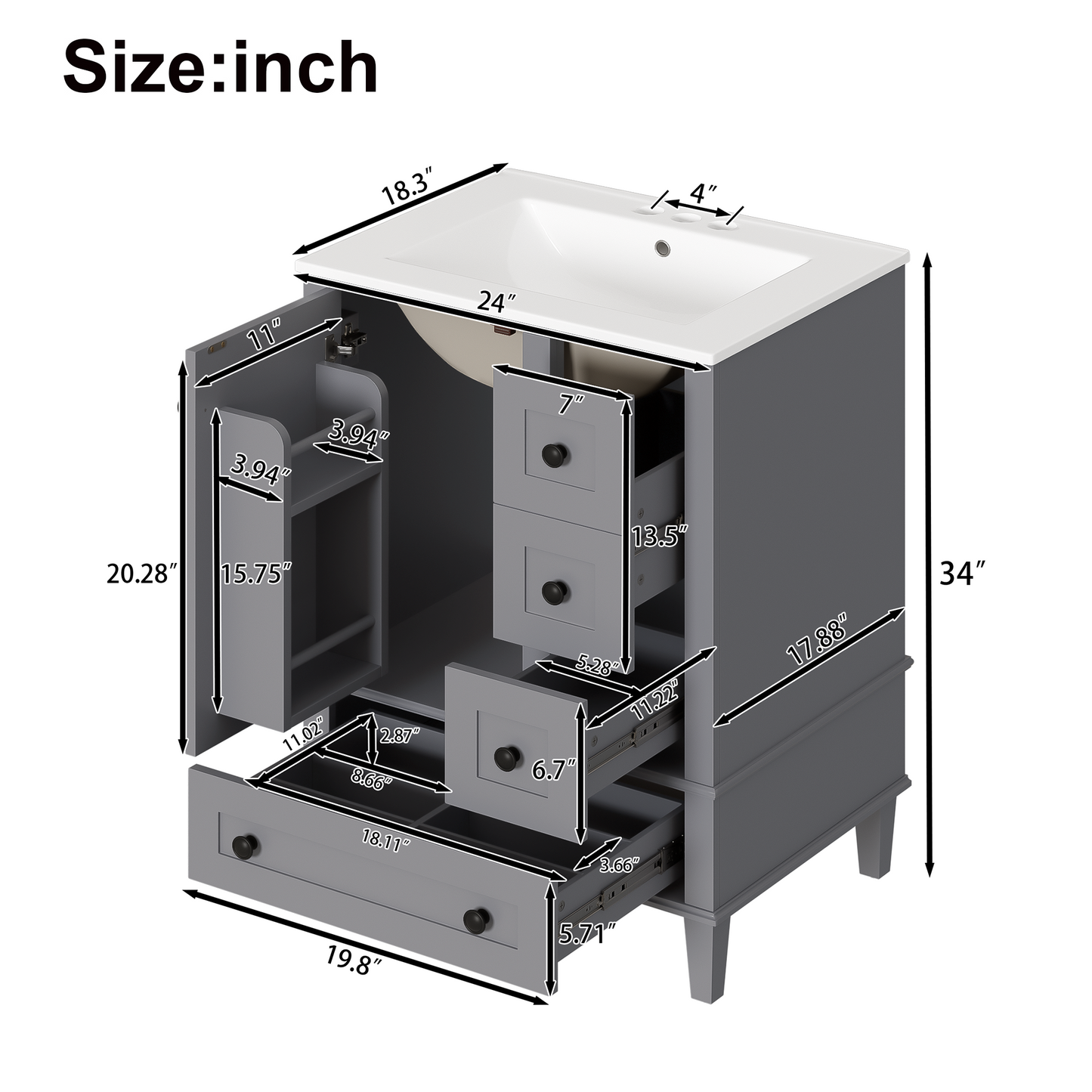VanityFus Gray 24-in Bathroom Vanity Single Sink Combo Ceramic Top 1 Soft-Close Doors 3 Drawers