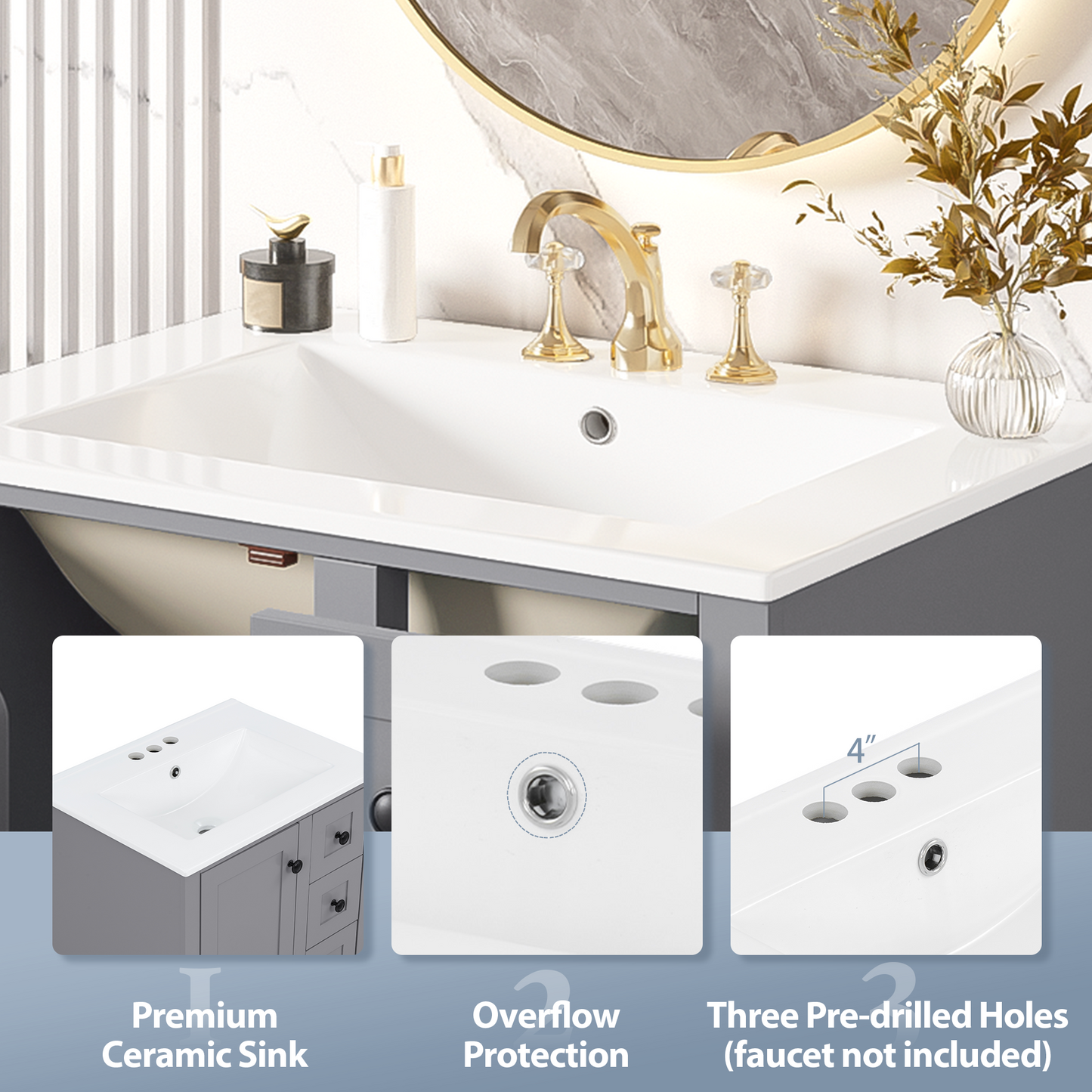 VanityFus Gray 24-in Bathroom Vanity Single Sink Combo Ceramic Top 1 Soft-Close Doors 3 Drawers