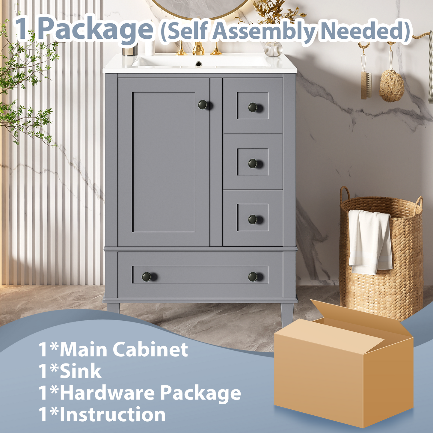 VanityFus Gray 24-in Bathroom Vanity Single Sink Combo Ceramic Top 1 Soft-Close Doors 3 Drawers