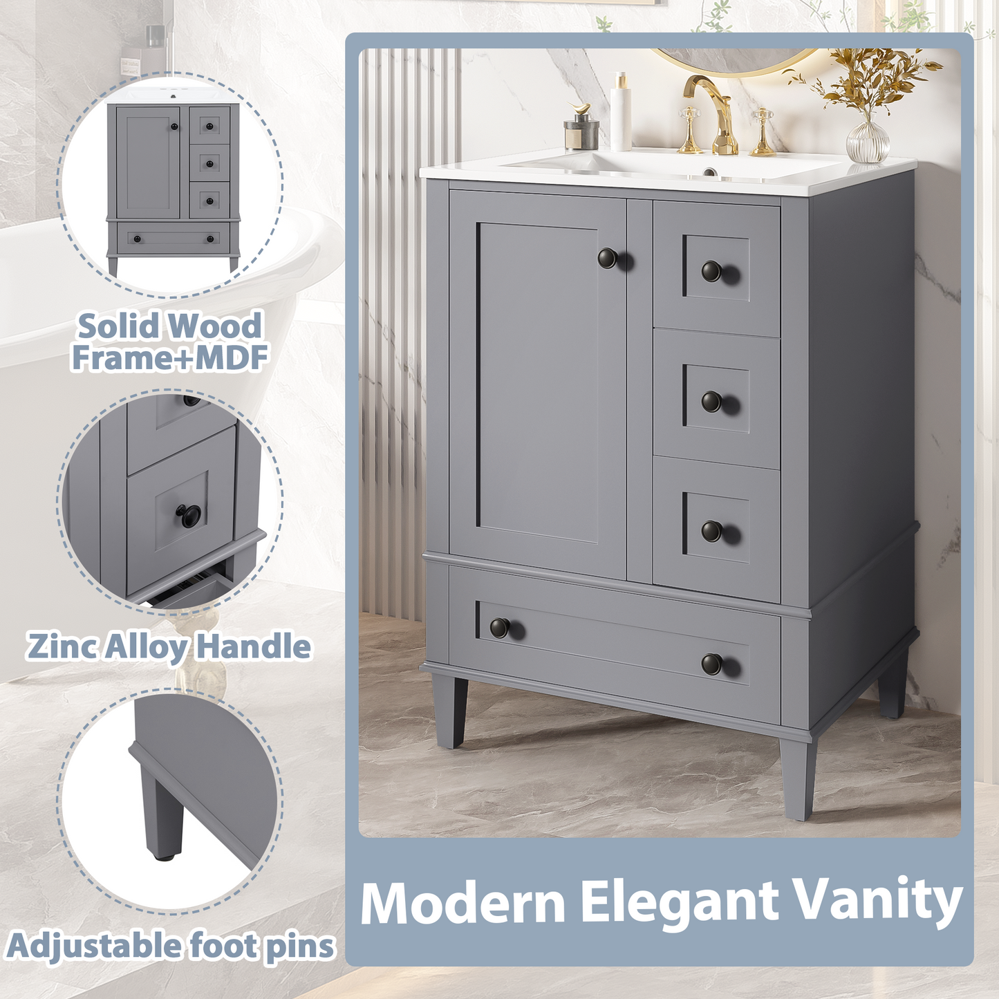 VanityFus Gray 24-in Bathroom Vanity Single Sink Combo Ceramic Top 1 Soft-Close Doors 3 Drawers