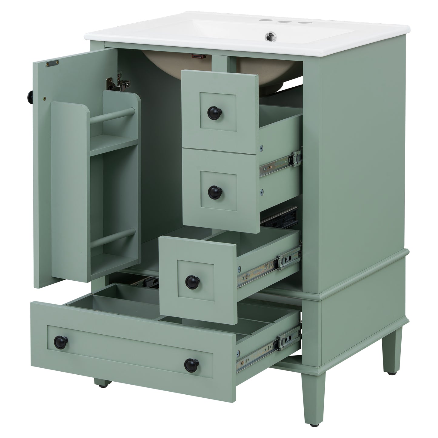 VanityFus Green 24-in Bathroom Vanity Single Sink Combo Ceramic Top 1 Soft-Close Doors 3 Drawers