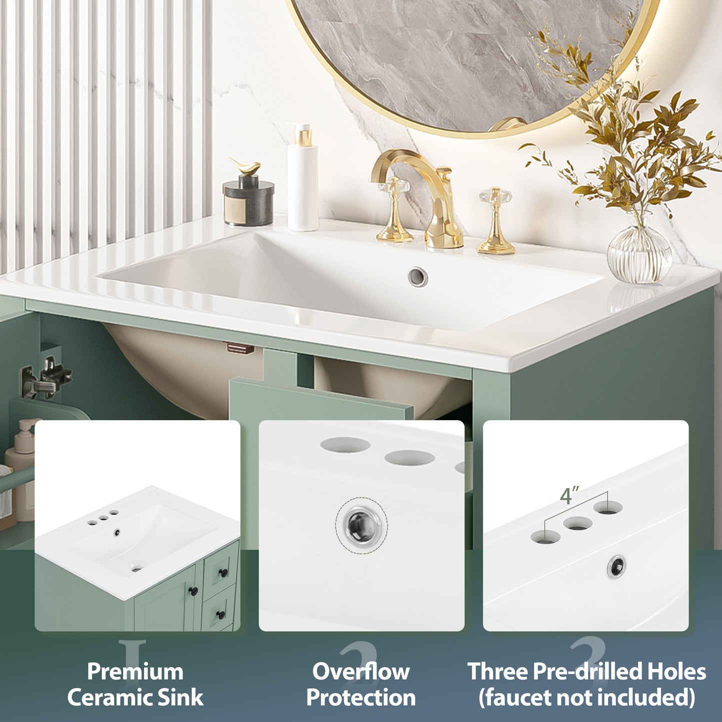 VanityFus Green 24-in Bathroom Vanity Single Sink Combo Ceramic Top 1 Soft-Close Doors 3 Drawers