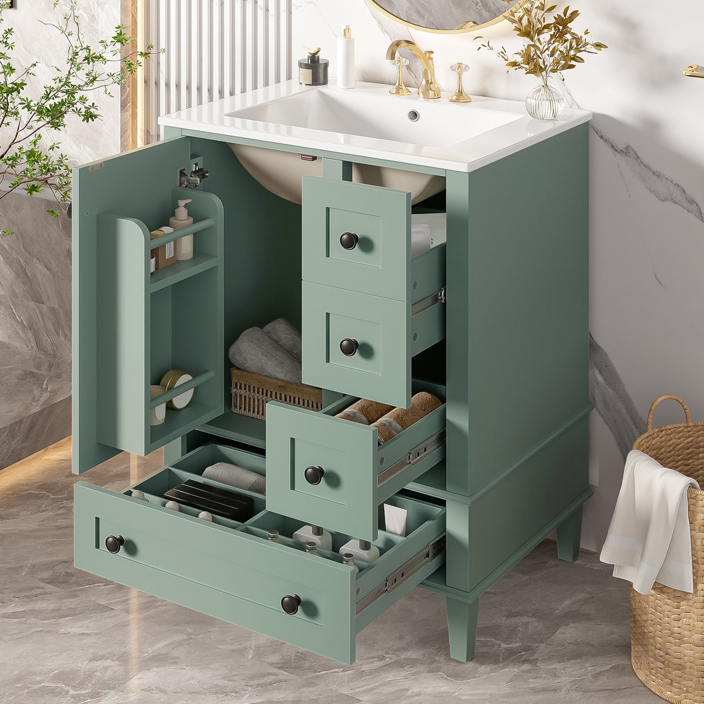 VanityFus Green 24-in Bathroom Vanity Single Sink Combo Ceramic Top 1 Soft-Close Doors 3 Drawers