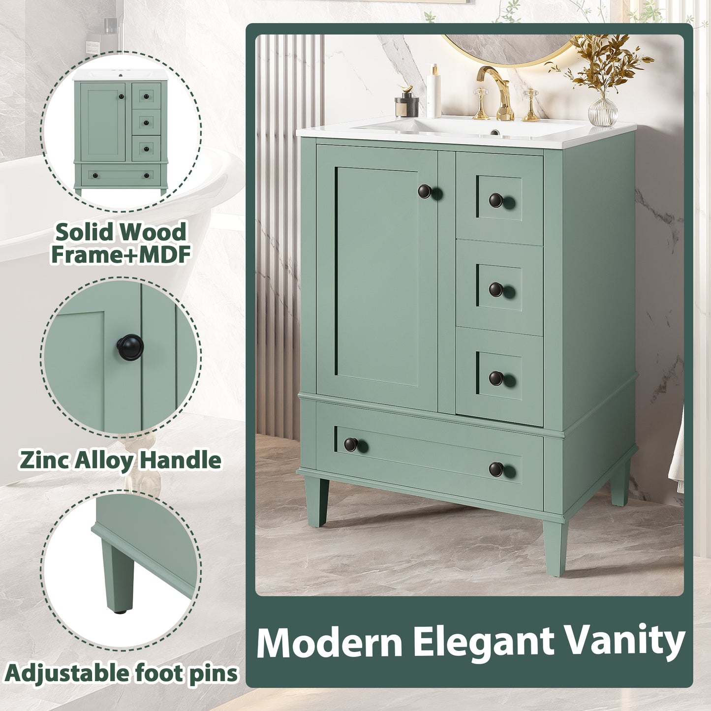 VanityFus Green 24-in Bathroom Vanity Single Sink Combo Ceramic Top 1 Soft-Close Doors 3 Drawers