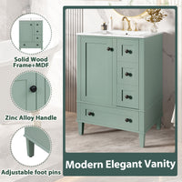 VanityFus Green 24-in Bathroom Vanity Single Sink Combo Ceramic Top 1 Soft-Close Doors 3 Drawers