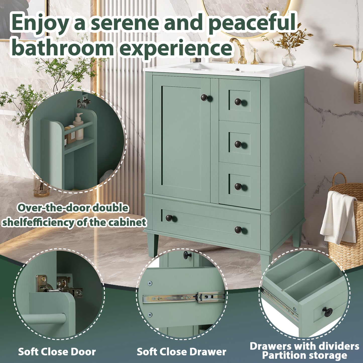 VanityFus Green 24-in Bathroom Vanity Single Sink Combo Ceramic Top 1 Soft-Close Doors 3 Drawers