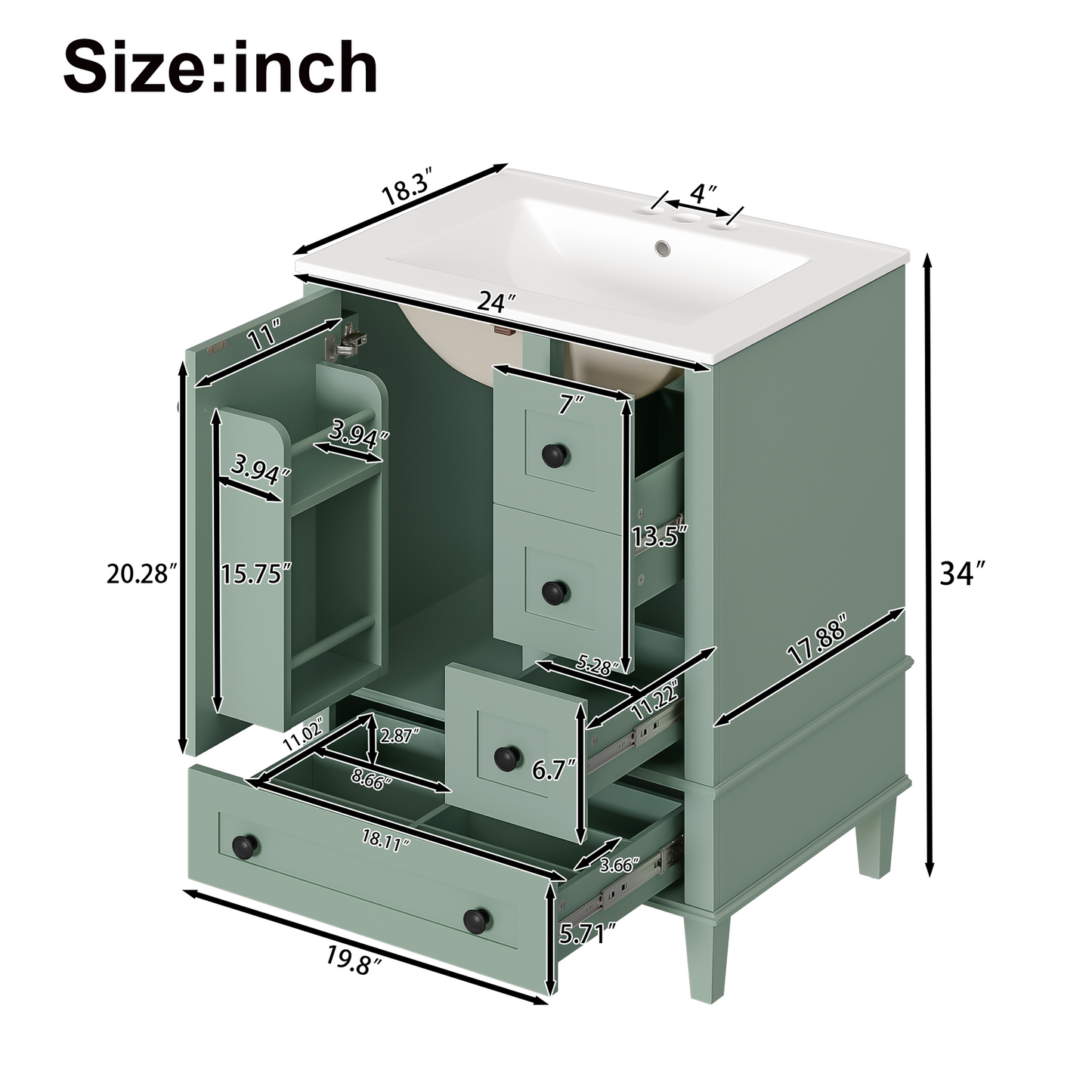 VanityFus Green 24-in Bathroom Vanity Single Sink Combo Ceramic Top 1 Soft-Close Doors 3 Drawers