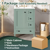 VanityFus Green 24-in Bathroom Vanity Single Sink Combo Ceramic Top 1 Soft-Close Doors 3 Drawers