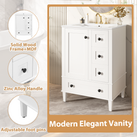 VanityFus White 24-in Bathroom Vanity Single Sink Combo Ceramic Top 1 Soft-Close Doors 3 Drawers