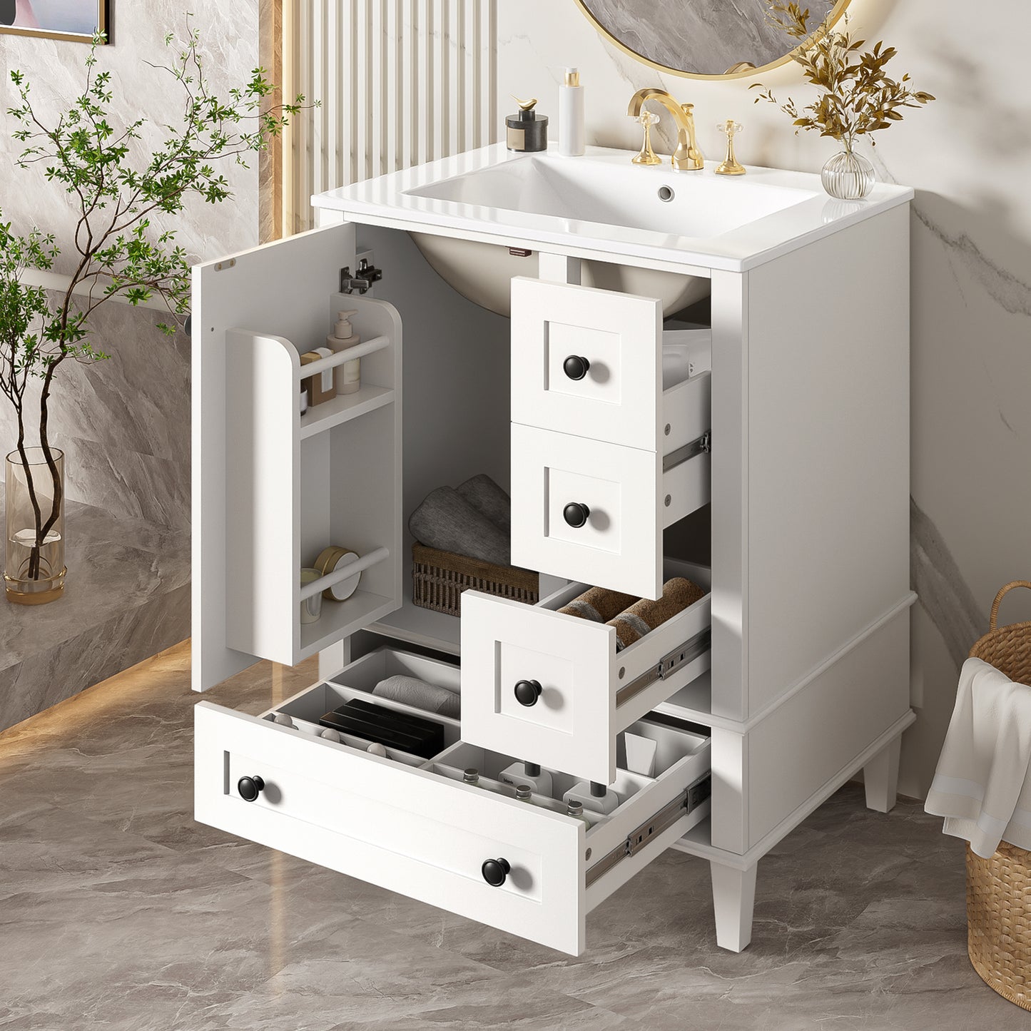 VanityFus White 24-in Bathroom Vanity Single Sink Combo Ceramic Top 1 Soft-Close Doors 3 Drawers