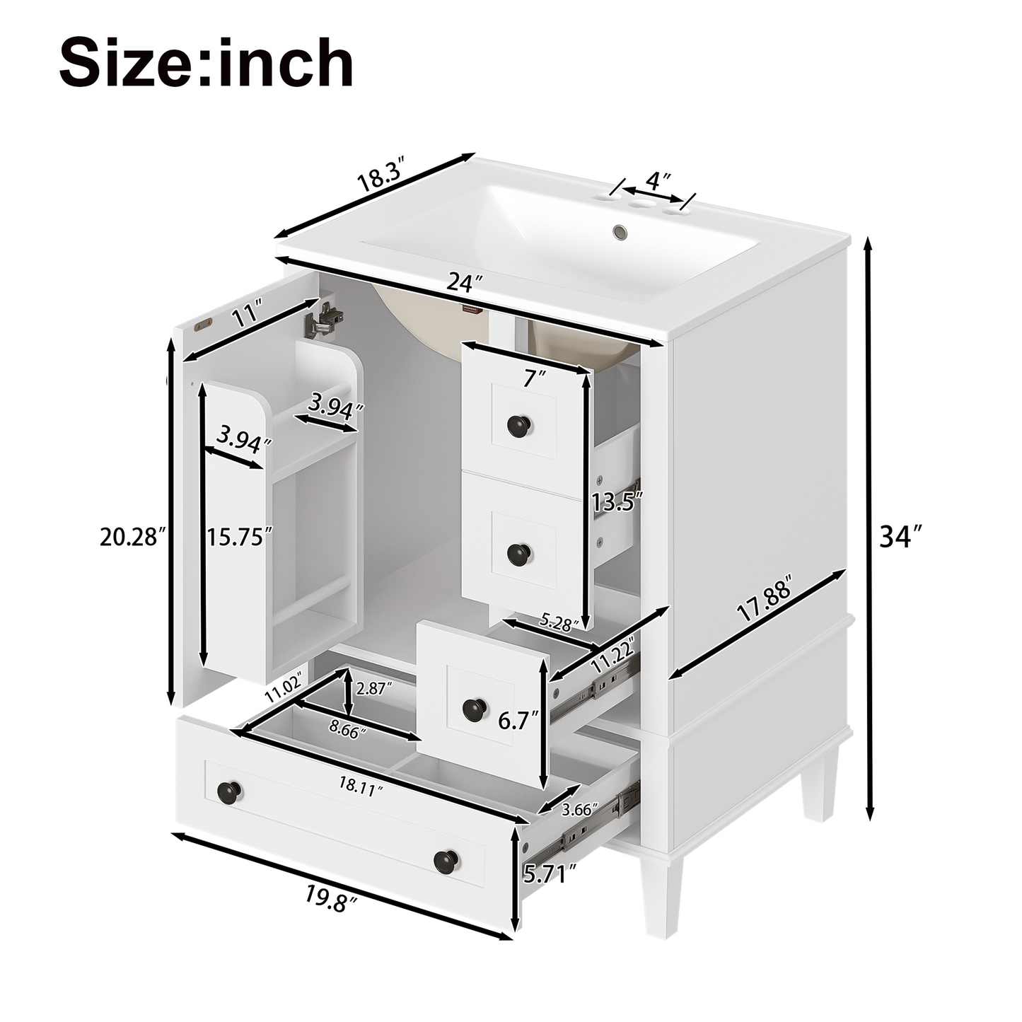 VanityFus White 24-in Bathroom Vanity Single Sink Combo Ceramic Top 1 Soft-Close Doors 3 Drawers