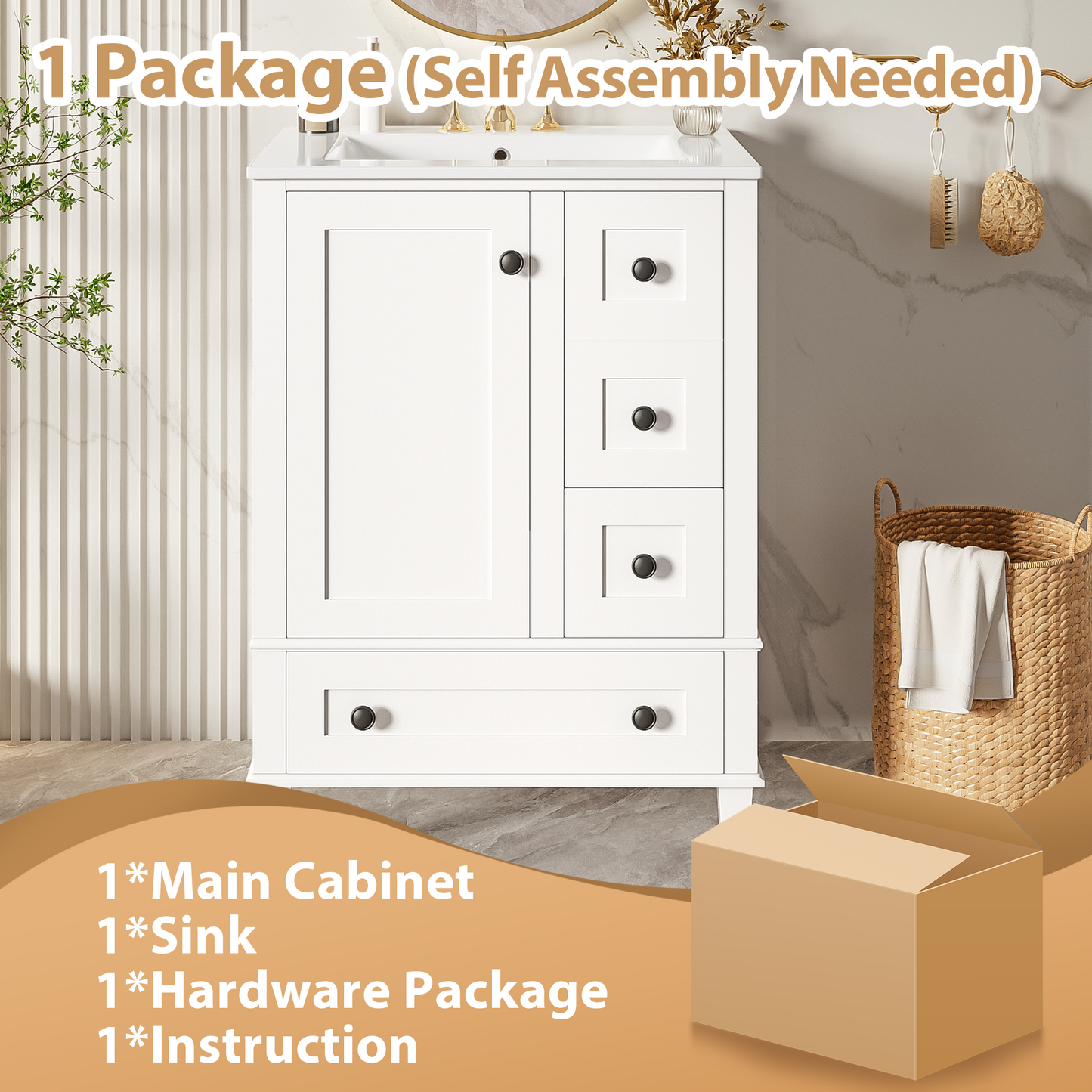 VanityFus White 24-in Bathroom Vanity Single Sink Combo Ceramic Top 1 Soft-Close Doors 3 Drawers