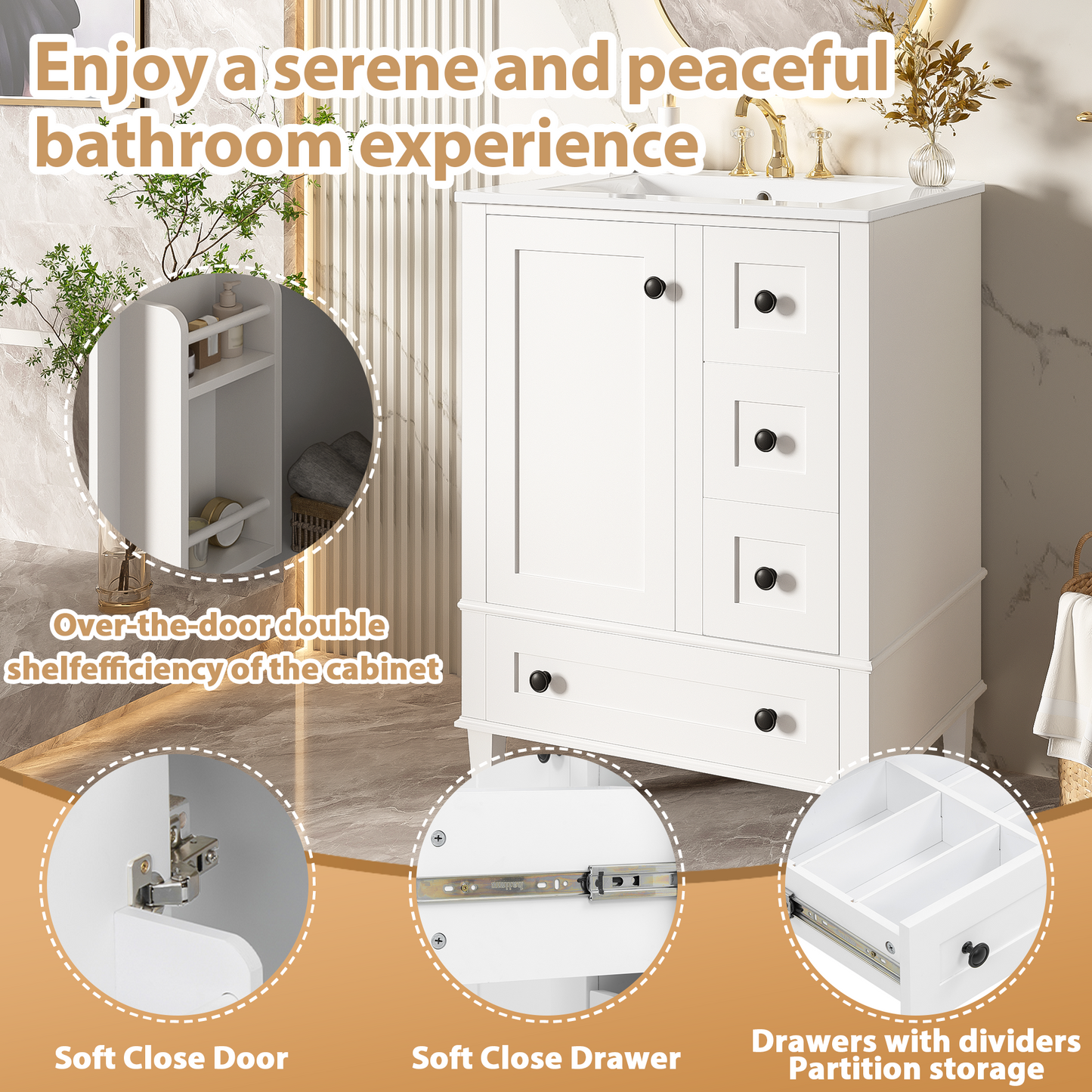 VanityFus White 24-in Bathroom Vanity Single Sink Combo Ceramic Top 1 Soft-Close Doors 3 Drawers