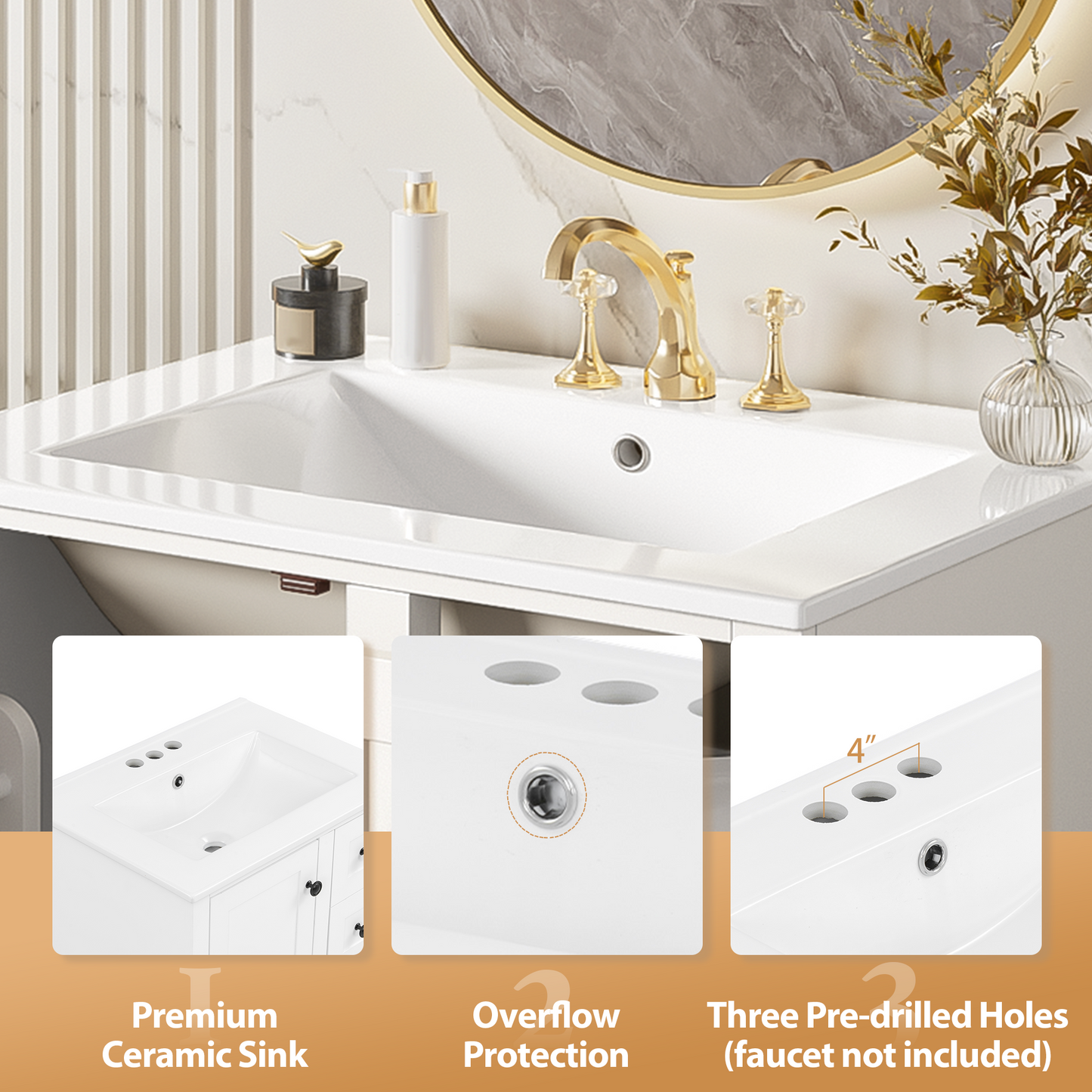 VanityFus White 24-in Bathroom Vanity Single Sink Combo Ceramic Top 1 Soft-Close Doors 3 Drawers