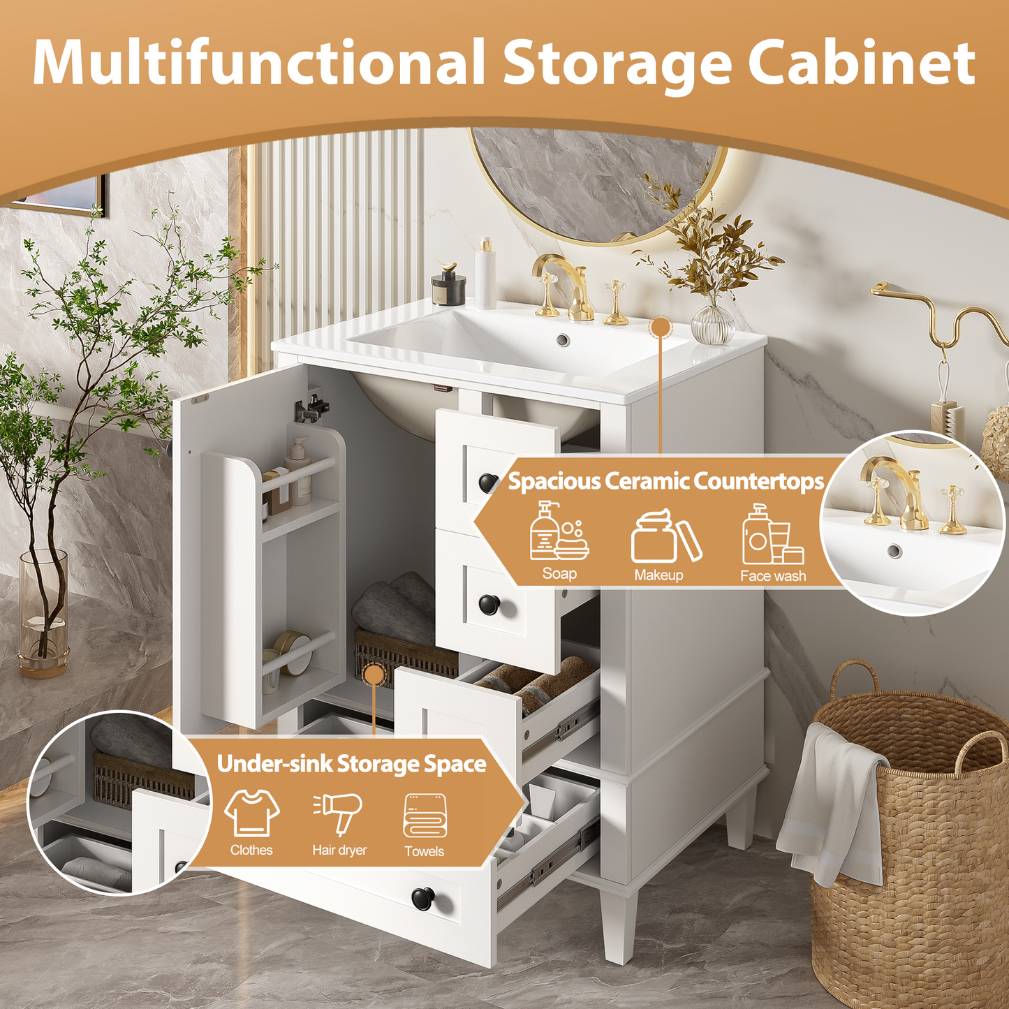 VanityFus White 24-in Bathroom Vanity Single Sink Combo Ceramic Top 1 Soft-Close Doors 3 Drawers