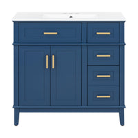 VanityFus 36-in Blue Bathroom Vanity Single Sink Combo Ceramic Top 2 Soft-Close Doors 5 Drawers