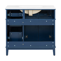 VanityFus 36-in Blue Bathroom Vanity Single Sink Combo Ceramic Top 2 Soft-Close Doors 5 Drawers