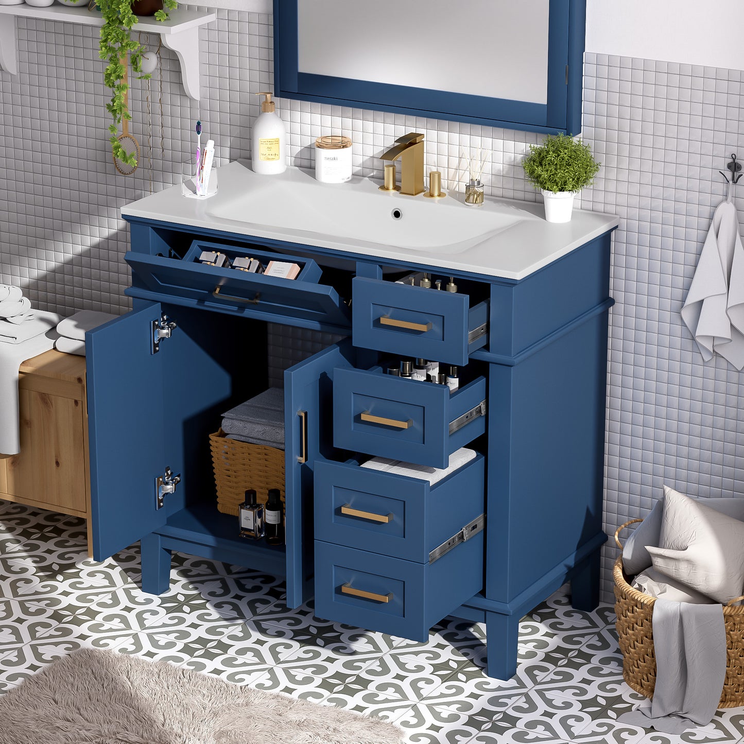 VanityFus 36-in Blue Bathroom Vanity Single Sink Combo Ceramic Top 2 Soft-Close Doors 5 Drawers