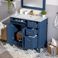 VanityFus 36-in Blue Bathroom Vanity Single Sink Combo Ceramic Top 2 Soft-Close Doors 5 Drawers