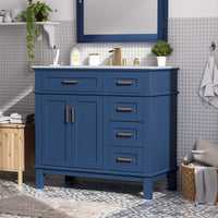 VanityFus 36-in Blue Bathroom Vanity Single Sink Combo Ceramic Top 2 Soft-Close Doors 5 Drawers