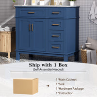 VanityFus 36-in Blue Bathroom Vanity Single Sink Combo Ceramic Top 2 Soft-Close Doors 5 Drawers