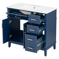 VanityFus 36-in Blue Bathroom Vanity Single Sink Combo Ceramic Top 2 Soft-Close Doors 5 Drawers