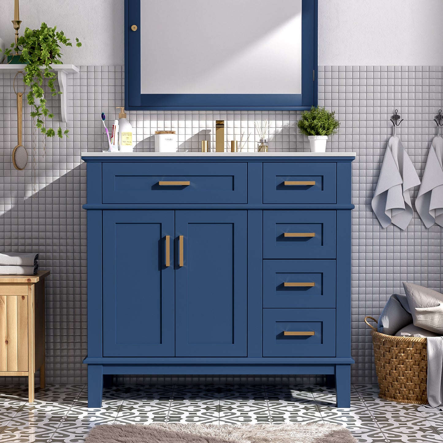 VanityFus 36-in Blue Bathroom Vanity Single Sink Combo Ceramic Top 2 Soft-Close Doors 5 Drawers