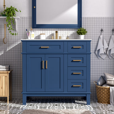 VanityFus 36-in Blue Bathroom Vanity Single Sink Combo Ceramic Top 2 Soft-Close Doors 5 Drawers