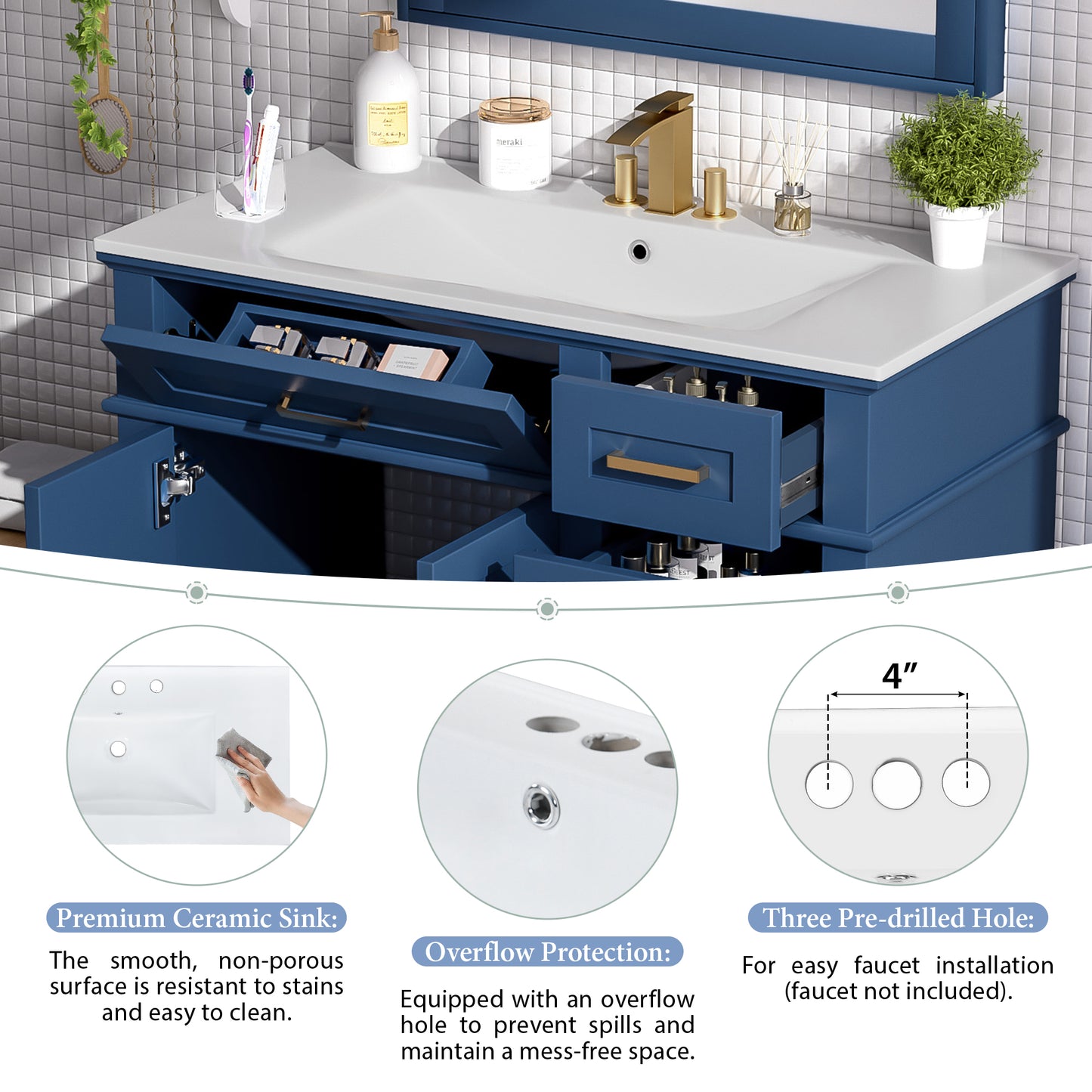 VanityFus 36-in Blue Bathroom Vanity Single Sink Combo Ceramic Top 2 Soft-Close Doors 5 Drawers
