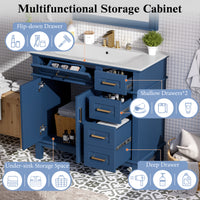 VanityFus 36-in Blue Bathroom Vanity Single Sink Combo Ceramic Top 2 Soft-Close Doors 5 Drawers