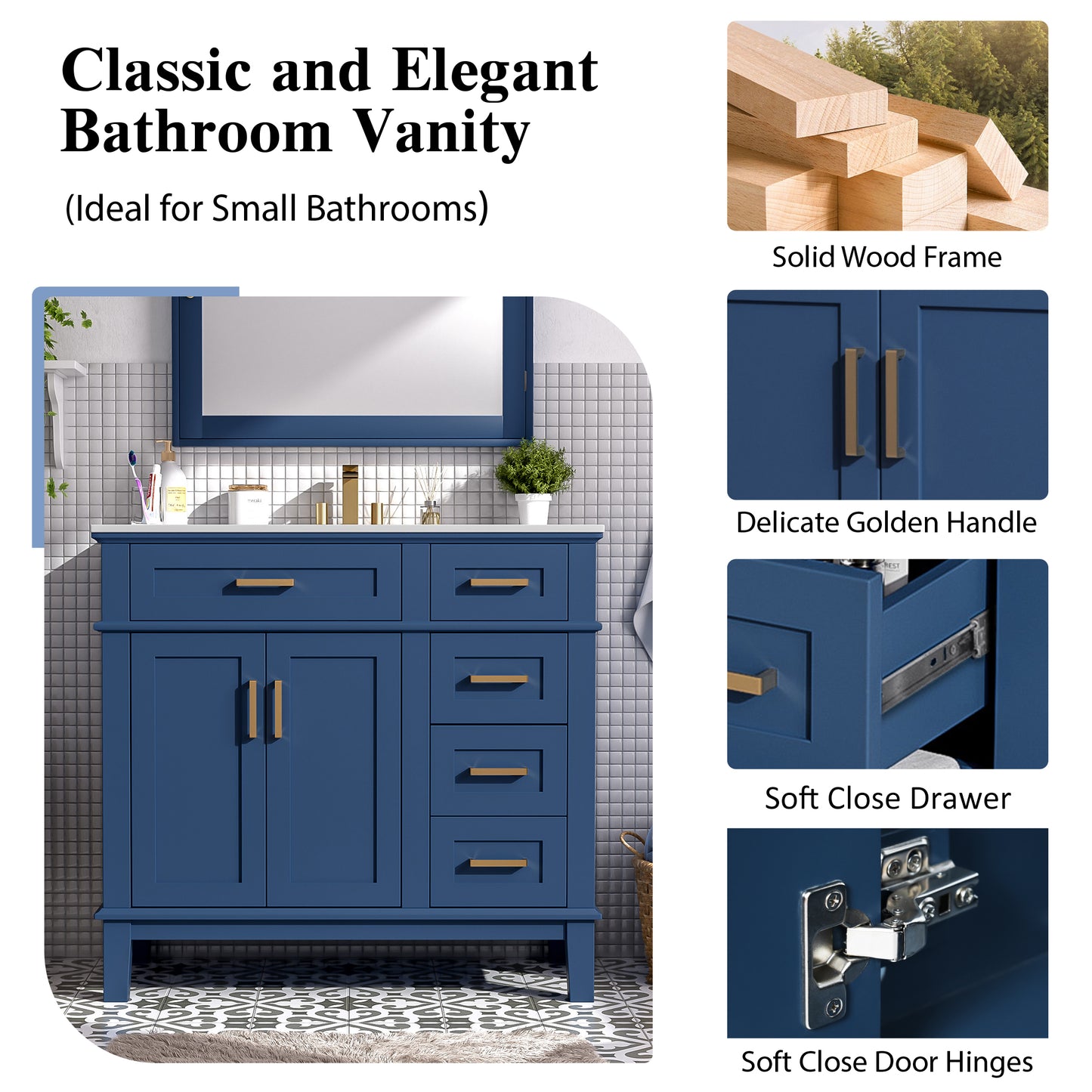 VanityFus 36-in Blue Bathroom Vanity Single Sink Combo Ceramic Top 2 Soft-Close Doors 5 Drawers