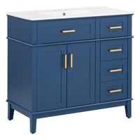 VanityFus 36-in Blue Bathroom Vanity Single Sink Combo Ceramic Top 2 Soft-Close Doors 5 Drawers