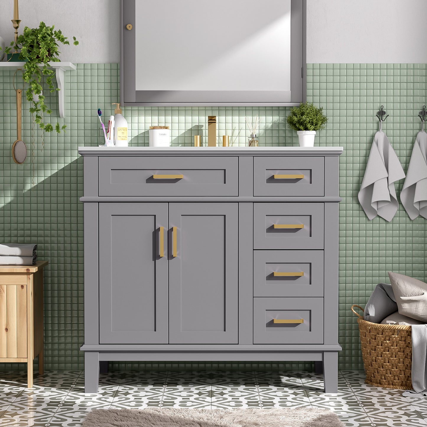 VanityFus 36-in Gray Bathroom Vanity Single Sink Combo Ceramic Top 2 Soft-Close Doors 5 Drawers