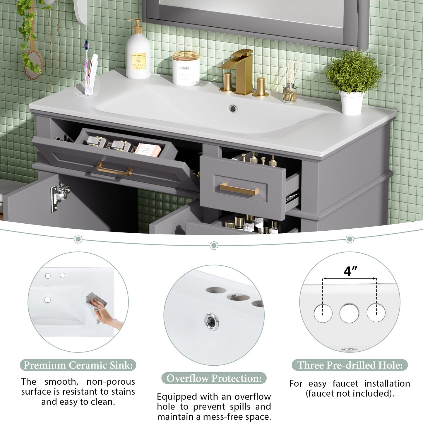 VanityFus 36-in Gray Bathroom Vanity Single Sink Combo Ceramic Top 2 Soft-Close Doors 5 Drawers