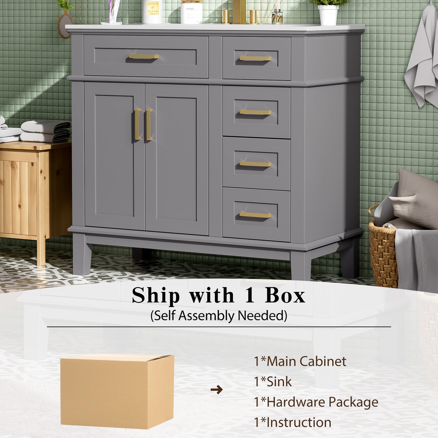 VanityFus 36-in Gray Bathroom Vanity Single Sink Combo Ceramic Top 2 Soft-Close Doors 5 Drawers
