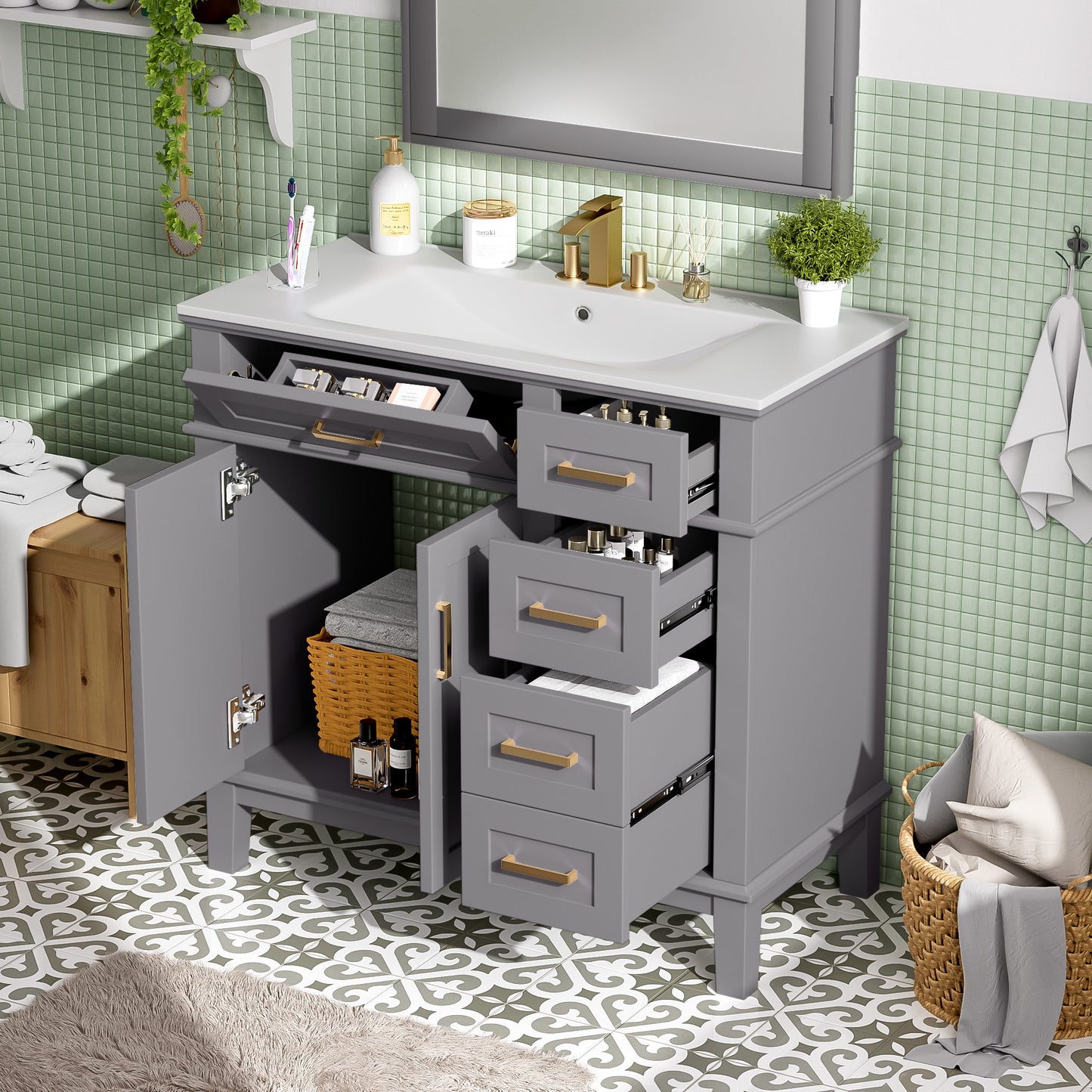 VanityFus 36-in Gray Bathroom Vanity Single Sink Combo Ceramic Top 2 Soft-Close Doors 5 Drawers