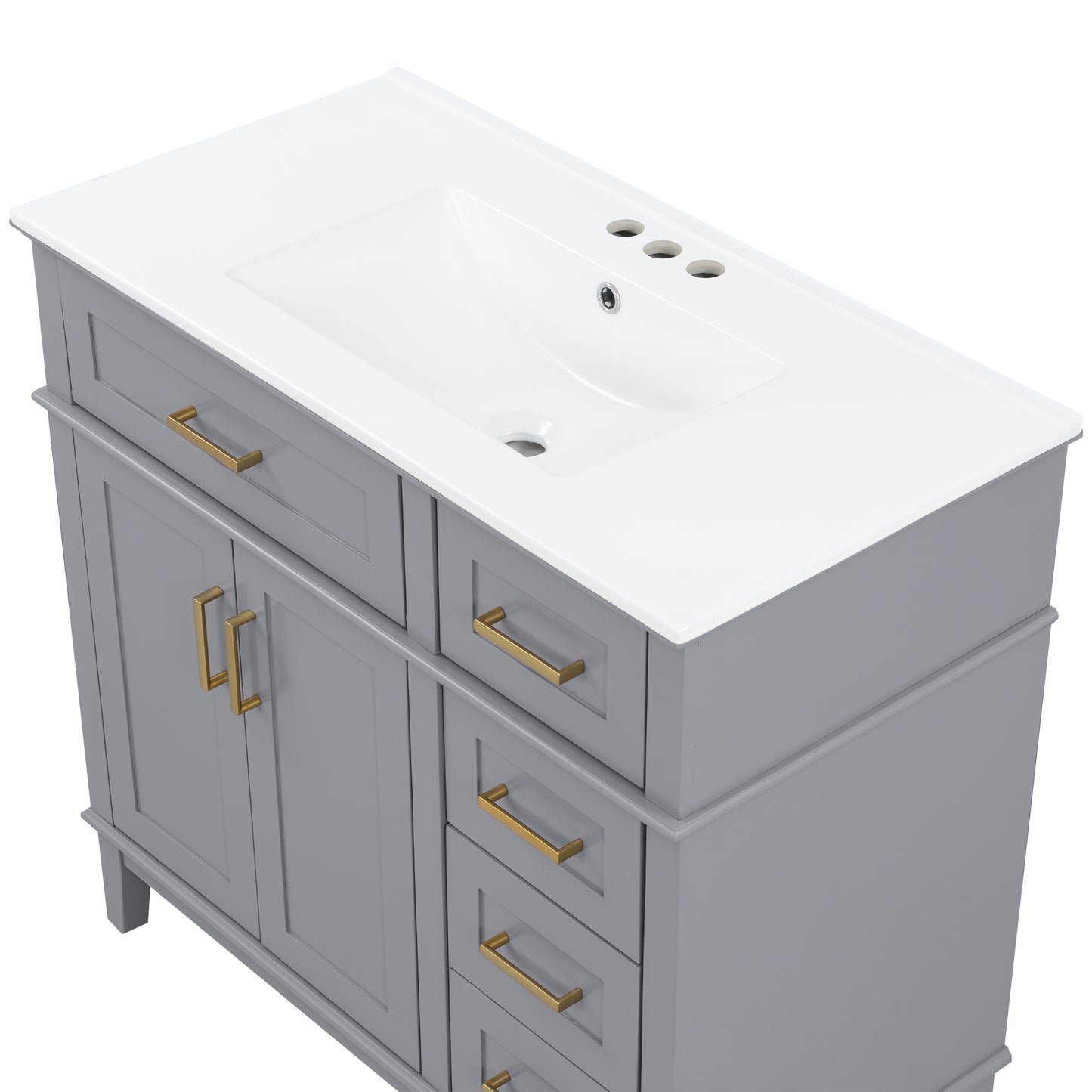 VanityFus 36-in Gray Bathroom Vanity Single Sink Combo Ceramic Top 2 Soft-Close Doors 5 Drawers
