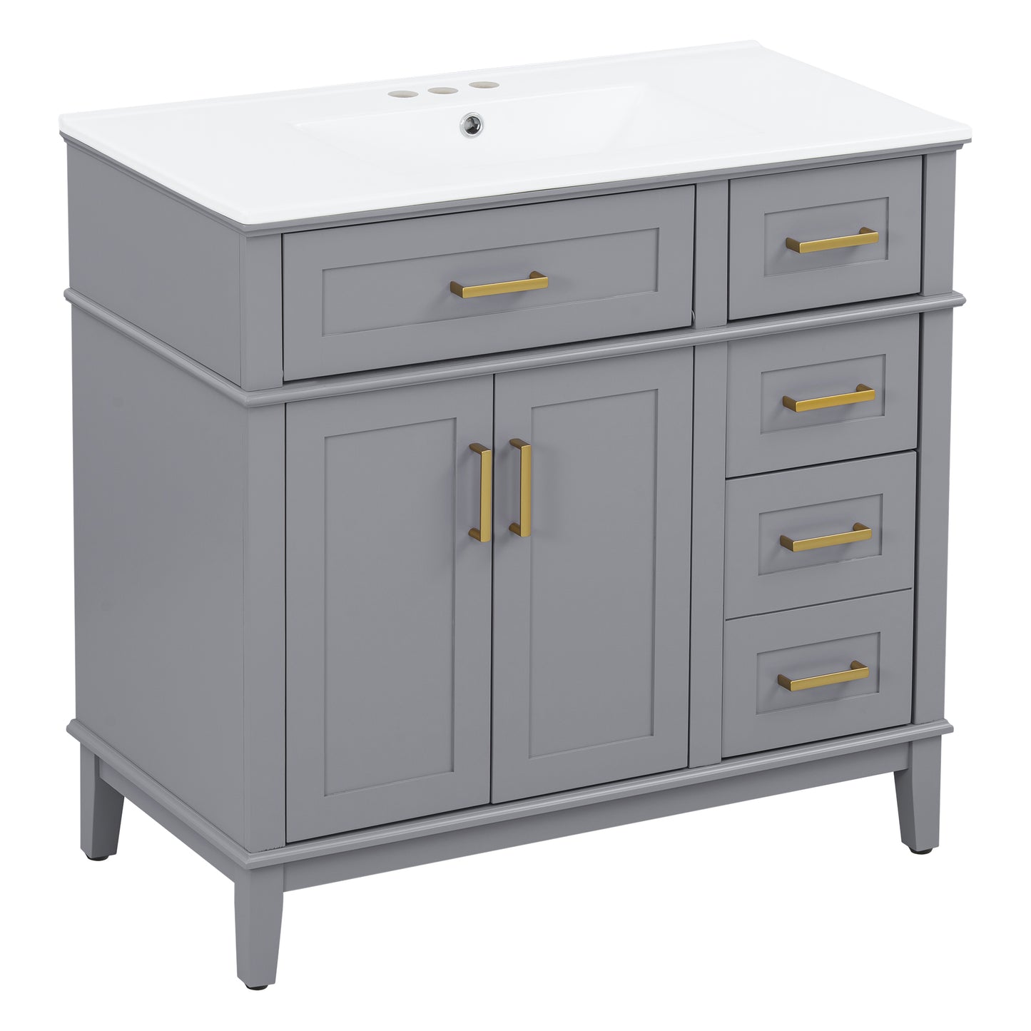 VanityFus 36-in Gray Bathroom Vanity Single Sink Combo Ceramic Top 2 Soft-Close Doors 5 Drawers