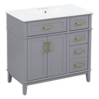 VanityFus 36-in Gray Bathroom Vanity Single Sink Combo Ceramic Top 2 Soft-Close Doors 5 Drawers