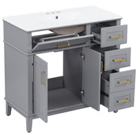 VanityFus 36-in Gray Bathroom Vanity Single Sink Combo Ceramic Top 2 Soft-Close Doors 5 Drawers