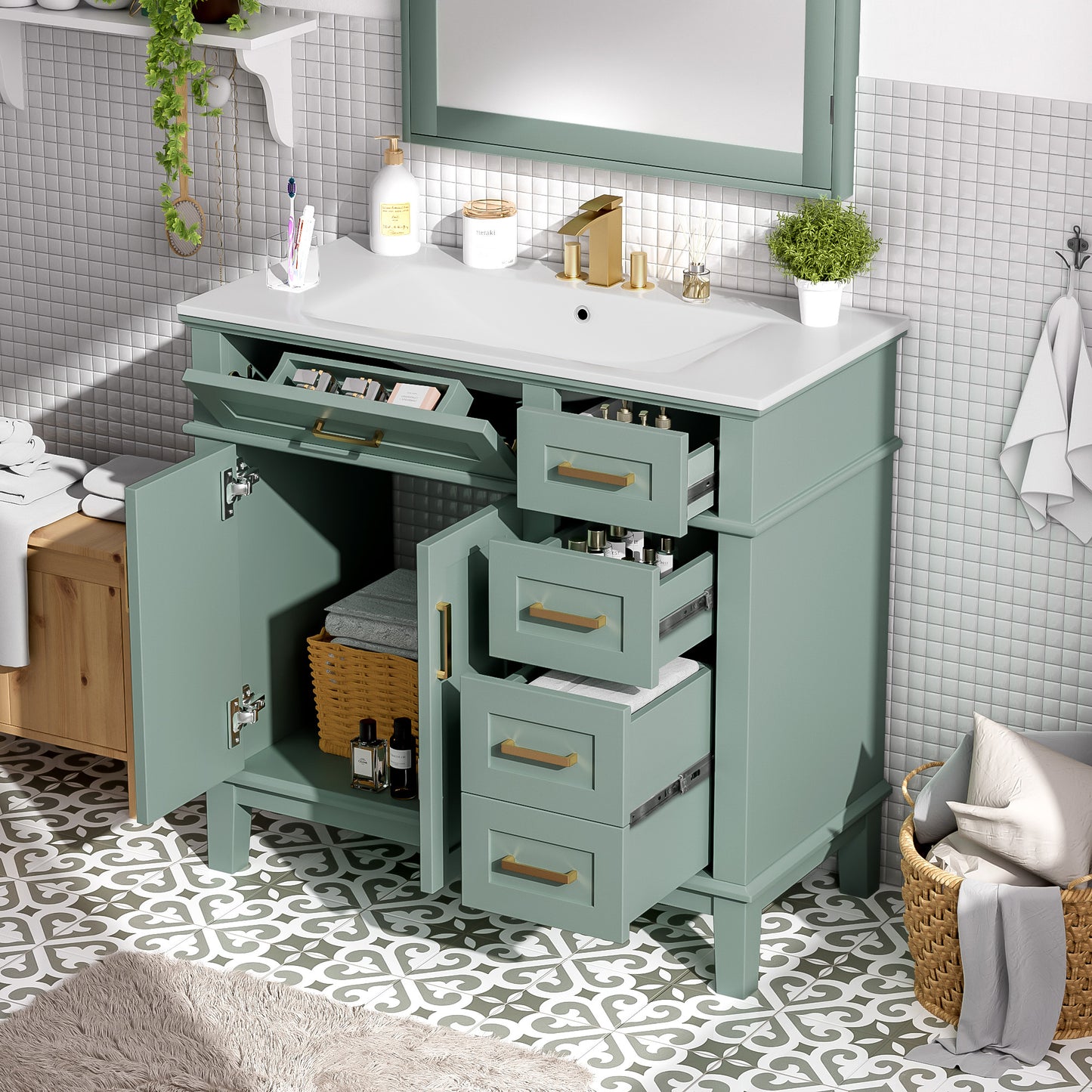 VanityFus 36-in Light Green Bathroom Vanity Single Sink Combo with Ceramic White Top 2 Soft-Close Doors 4 drawer