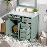 VanityFus 36-in Light Green Bathroom Vanity Single Sink Combo with Ceramic White Top 2 Soft-Close Doors 4 drawer