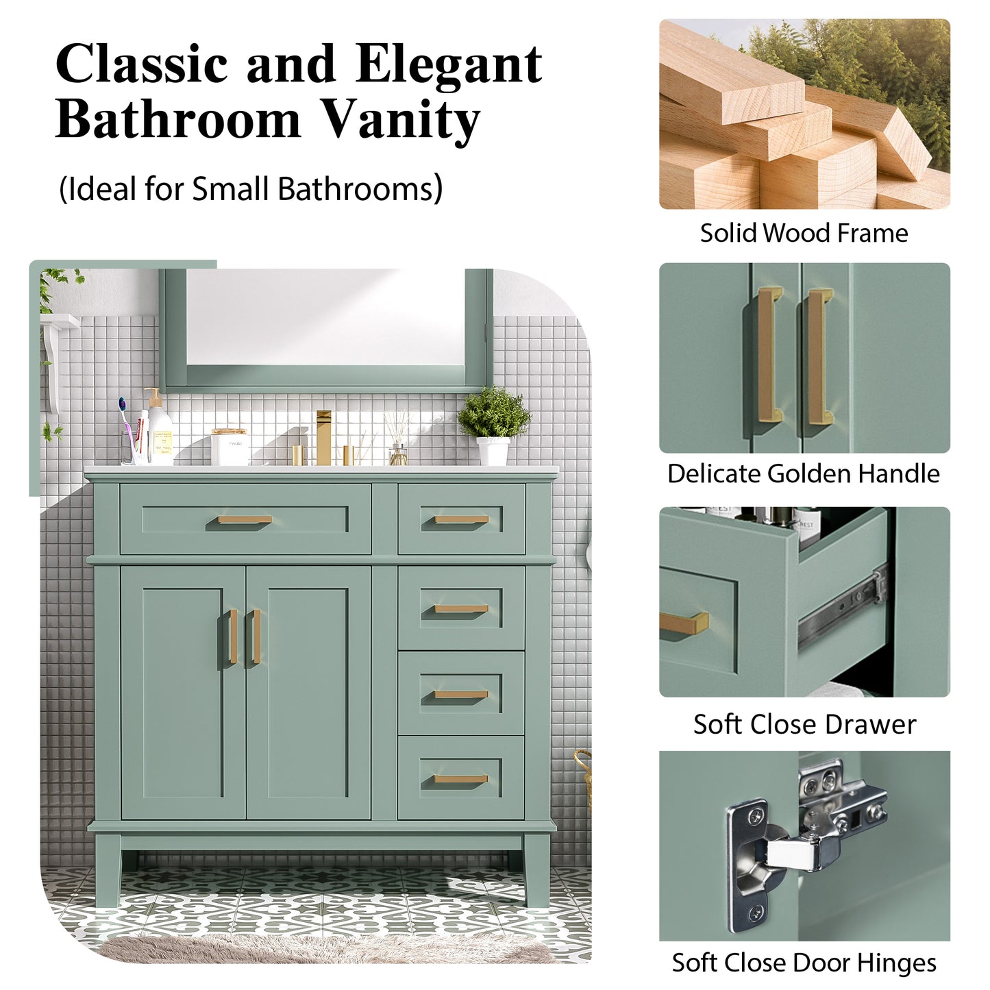 VanityFus 36-in Light Green Bathroom Vanity Single Sink Combo with Ceramic White Top 2 Soft-Close Doors 4 drawer
