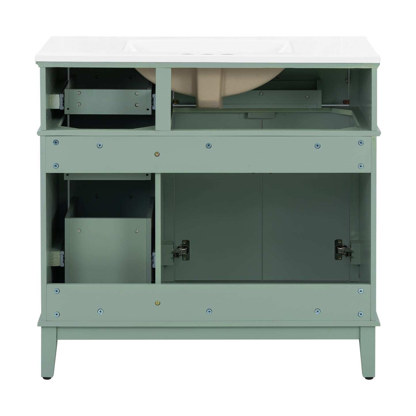 VanityFus 36-in Light Green Bathroom Vanity Single Sink Combo with Ceramic White Top 2 Soft-Close Doors 4 drawer