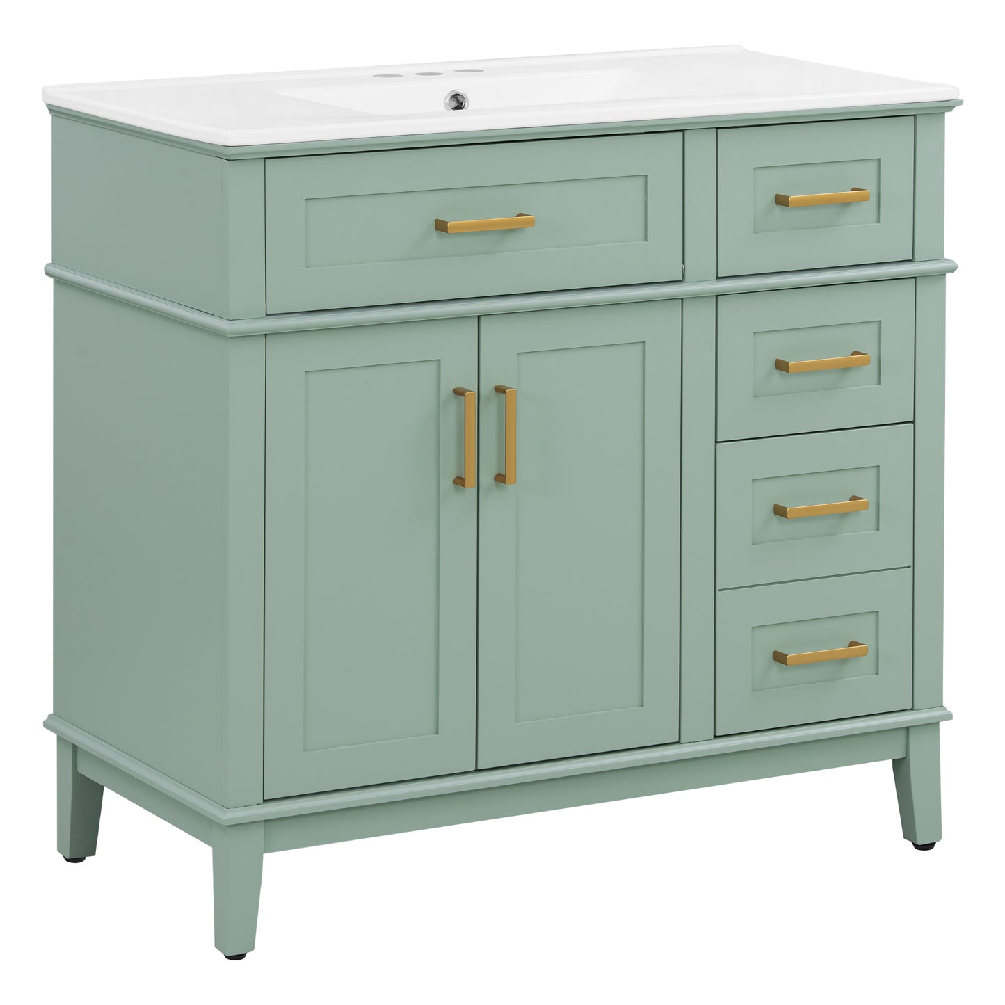 VanityFus 36-in Light Green Bathroom Vanity Single Sink Combo with Ceramic White Top 2 Soft-Close Doors 4 drawer