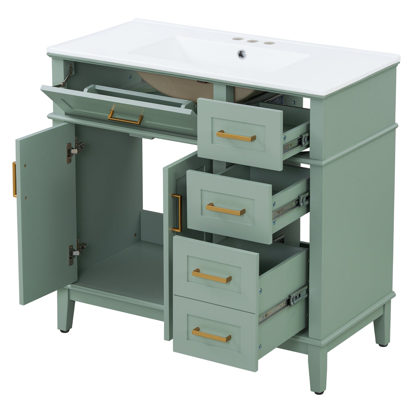 VanityFus 36-in Light Green Bathroom Vanity Single Sink Combo with Ceramic White Top 2 Soft-Close Doors 4 drawer