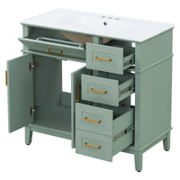 VanityFus 36-in Light Green Bathroom Vanity Single Sink Combo with Ceramic White Top 2 Soft-Close Doors 4 drawer