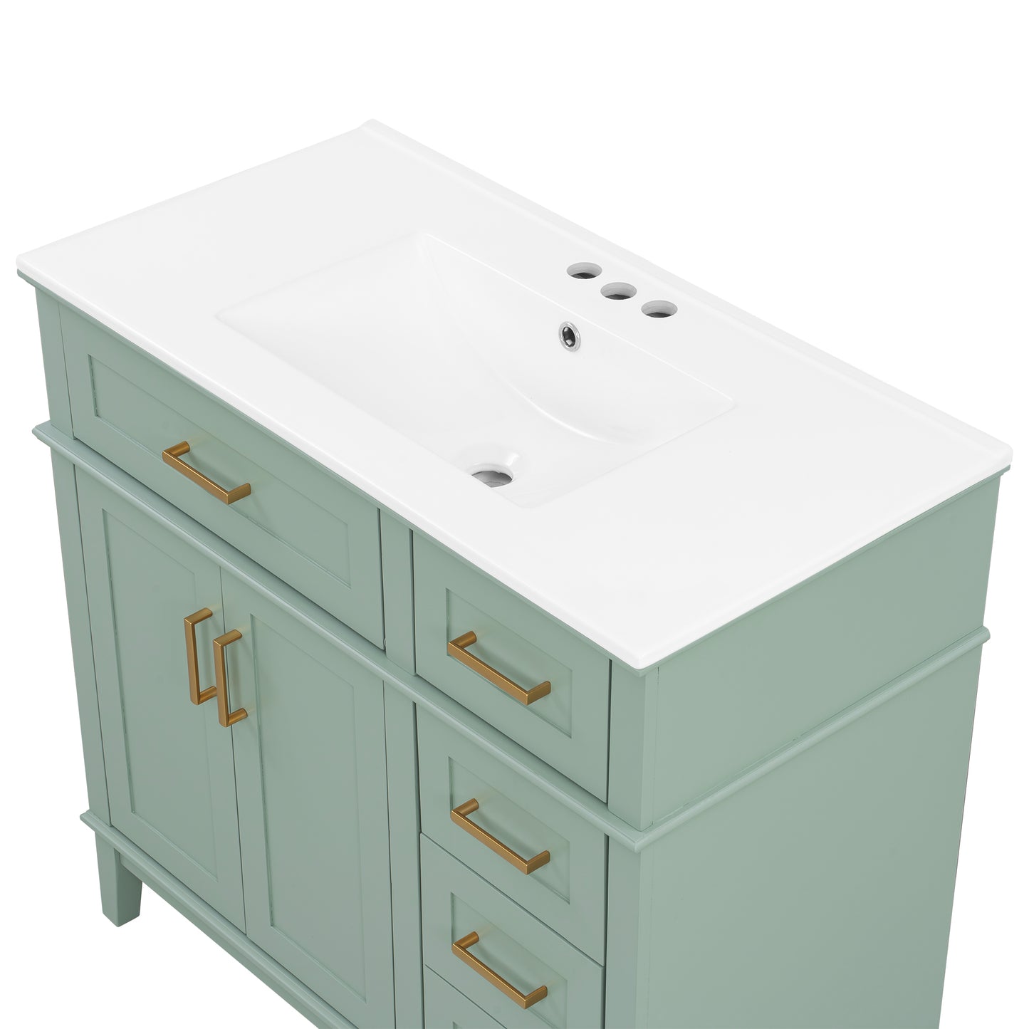 VanityFus 36-in Light Green Bathroom Vanity Single Sink Combo with Ceramic White Top 2 Soft-Close Doors 4 drawer