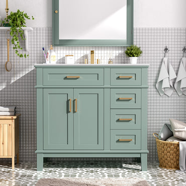 VanityFus 36-in Light Green Bathroom Vanity Single Sink Combo with Ceramic White Top 2 Soft-Close Doors 4 drawer
