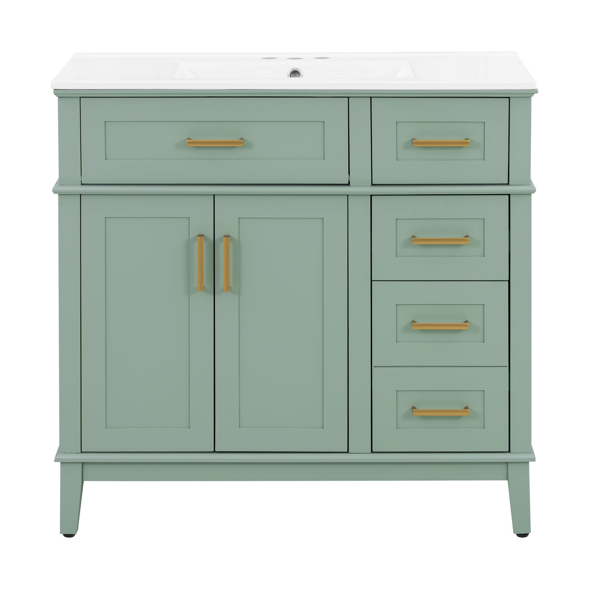 VanityFus 36-in Light Green Bathroom Vanity Single Sink Combo with Ceramic White Top 2 Soft-Close Doors 4 drawer